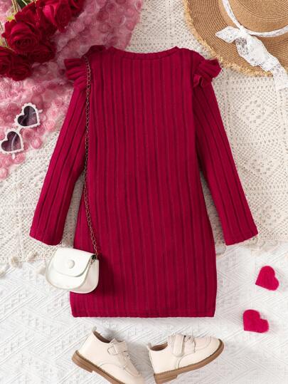 Robe tricotée côtelée pour petites filles, robe à manches longues avec nœud et volants aux épaules, coupe ajustée, robe décontractée chaude pour l'automne et l'hiver, robe de fête pour jeune fille