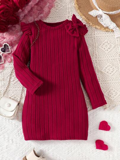 Robe tricotée côtelée pour petites filles, robe à manches longues avec nœud et volants aux épaules, coupe ajustée, robe décontractée chaude pour l'automne et l'hiver, robe de fête pour jeune fille