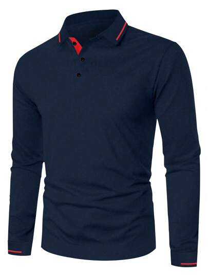 1 pièce Chemise polo à manches longues fines avec col boutonné, couleur unie, style décontracté pour hommes, convient pour le port quotidien léger au printemps et en automne