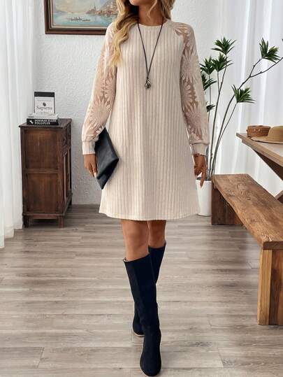 EMERY ROSE Robe courte mini pour femmes en couleur unie, jacquard, patchwork, automne