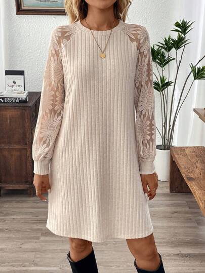 EMERY ROSE Robe courte mini pour femmes en couleur unie, jacquard, patchwork, automne