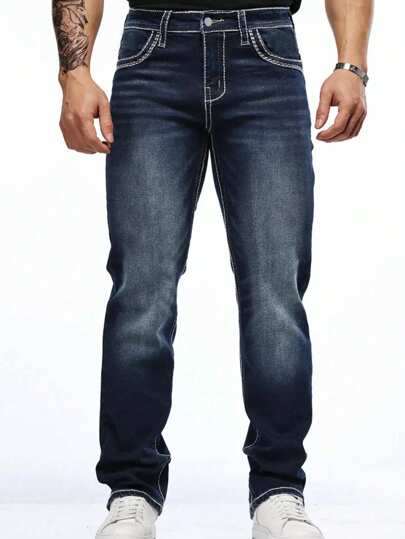 Jeans en denim élastique avec poche brodée classique pour homme, convient pour l'automne