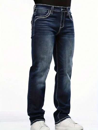 Jeans en denim élastique avec poche brodée classique pour homme, convient pour l'automne