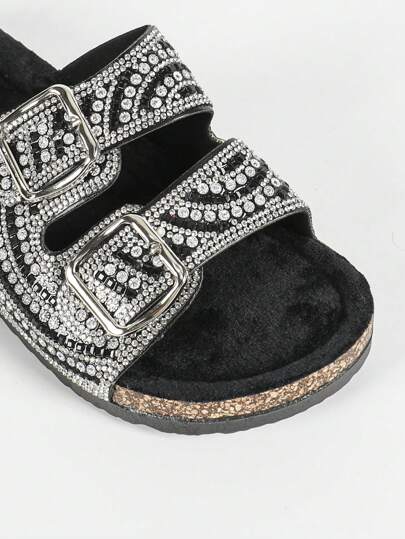 roulvxiang Nouvelles sandales plates à enfiler pour femmes avec strass en verre noir, paillettes et semelle compensée moelleuse. Idéales pour la plage et les tenues de printemps/été.