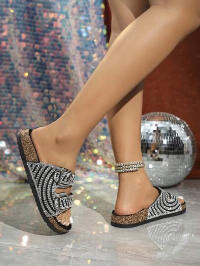 roulvxiang Nouvelles sandales plates à enfiler pour femmes avec strass en verre noir, paillettes et semelle compensée moelleuse. Idéales pour la plage et les tenues de printemps/été.