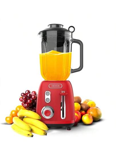 Cecotec Blender Mixeur Retro Power Black Titanium RetroRed. Puissance Maximale de 1200 W, 2 Vitesses, 4 Lames Revêtues de Titane Noir et un Récipient de 1,5 L, Design Verni Rouge
