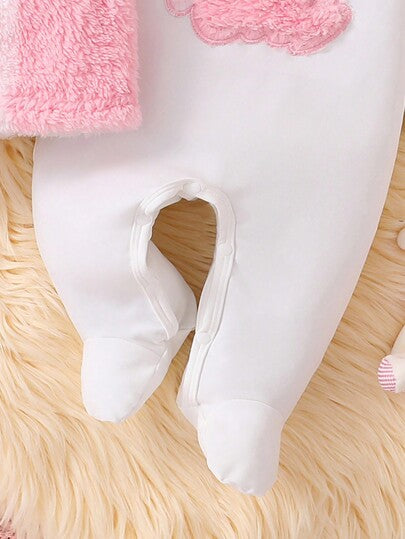 3 pièces/ Automne/Hiver Ensemble doublé de polaire Nouveau-né Rose & Blanc Motif Ours Manches Longues Barboteuse avec Gilet et Bonnet, Ensemble de vêtements de maison