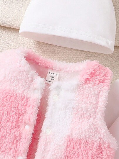 3 pièces/ Automne/Hiver Ensemble doublé de polaire Nouveau-né Rose & Blanc Motif Ours Manches Longues Barboteuse avec Gilet et Bonnet, Ensemble de vêtements de maison