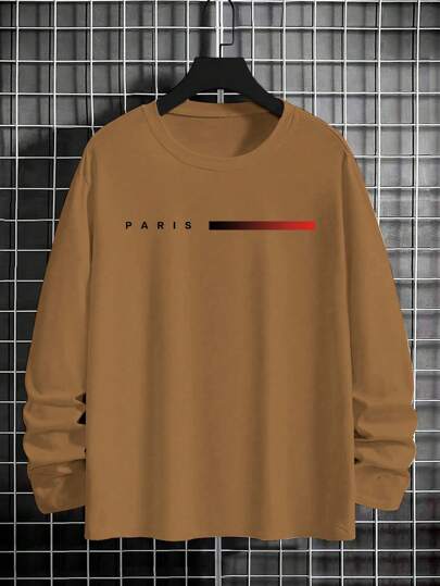 3 pièces/Set T-shirts à manches longues simples et décontractés pour hommes avec imprimé lettres, t-shirts d'automne, vêtements d'automne