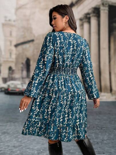LUNE Robe longue à manches longues avec imprimé floral et volant à l'ourlet pour grandes tailles, automne