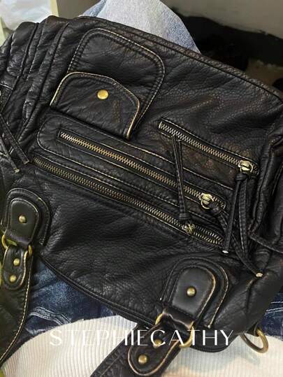 STEPHIECATHY Couleur unie lavée en PU, fermeture à glissière, design à plusieurs poches, double courtes sangles, sangle longue réglable, sac à bandoulière croisé pour femmes, décontracté et pratique, convient pour la vie quotidienne, les voyages et encore