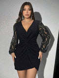 Viva Relle Robe décontractée à col en V, manches longues en dentelle, avec ornements de sequins simples, grande taille, Saint-Valentin