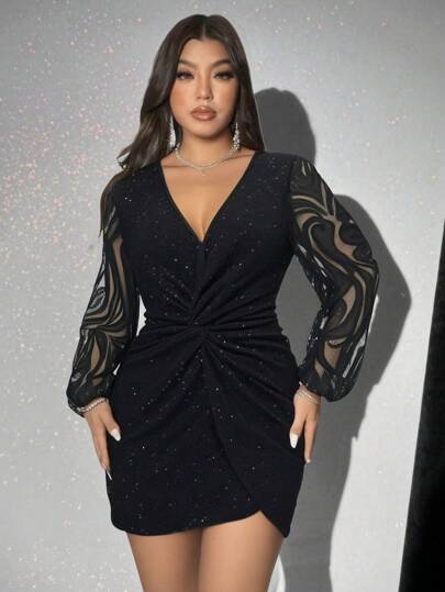Viva Relle Robe décontractée à col en V, manches longues en dentelle, avec ornements de sequins simples, grande taille, Saint-Valentin