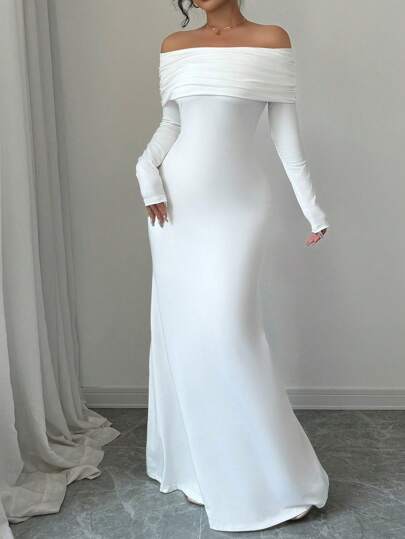 Rafferiza Robe longue ajustée et élégante à manches longues, taille cintrée, double couche, épaules dénudées, dos nu, ourlet corolle torsadé en tricot côtelé, couleur blanche, tenue maxi pour femme en automne/hiver