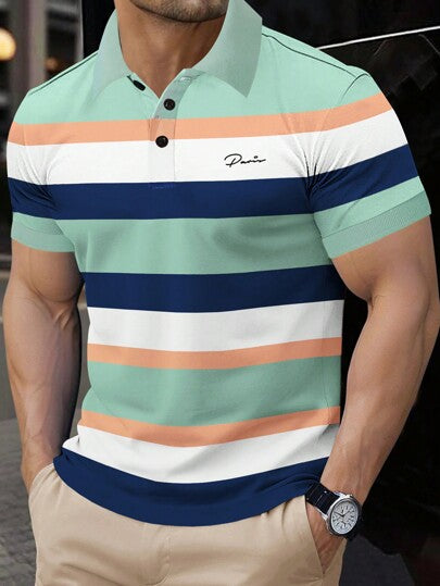 Manfinity Homme Polo Shirt à rayures simples et décontracté avec boutons devant pour hommes