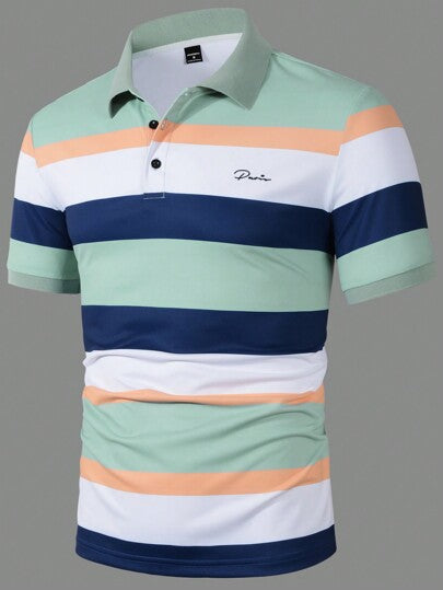 Manfinity Homme Polo Shirt à rayures simples et décontracté avec boutons devant pour hommes