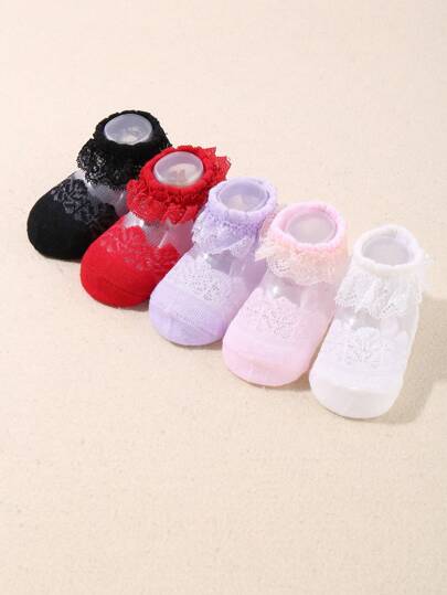 5 paires de chaussettes de bébé mode et respirantes avec de la dentelle pour le printemps et l'été, chaussettes en dentelle pour nouveau-nés, panier de demoiselle d'honneur de mariage