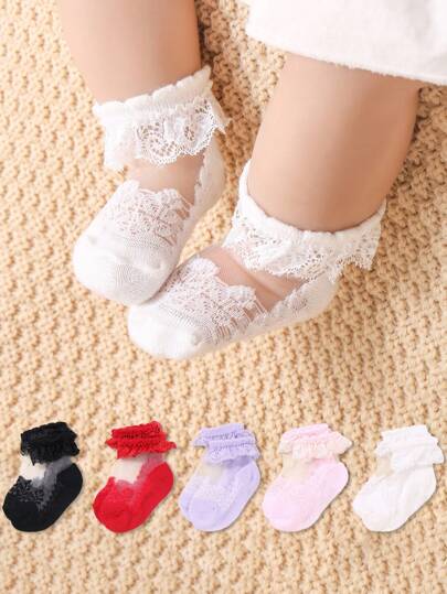 5 paires de chaussettes de bébé mode et respirantes avec de la dentelle pour le printemps et l'été, chaussettes en dentelle pour nouveau-nés, panier de demoiselle d'honneur de mariage