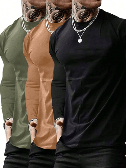 3 pièces T-shirts à manches longues col rond de couleur unie pour hommes, hauts de base polyvalents pour le printemps/automne
