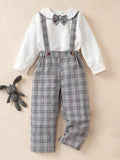 Ensemble chemise à carreaux à manches longues avec col en nœud papillon et pantalon avec bretelles ajustables pour jeune garçon, printemps/automne. Tenue de gentilhomme simple et élégante pour un anniversaire ou une occasion décontractée.