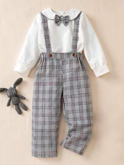 Ensemble chemise à carreaux à manches longues avec col en nœud papillon et pantalon avec bretelles ajustables pour jeune garçon, printemps/automne. Tenue de gentilhomme simple et élégante pour un anniversaire ou une occasion décontractée.