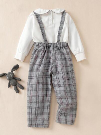 Ensemble chemise à carreaux à manches longues avec col en nœud papillon et pantalon avec bretelles ajustables pour jeune garçon, printemps/automne. Tenue de gentilhomme simple et élégante pour un anniversaire ou une occasion décontractée.