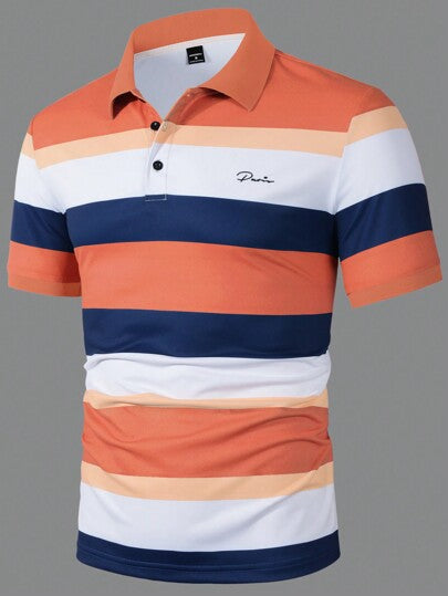 Manfinity Homme Chemise polo décontractée à manches courtes avec boutons et rayures pour hommes