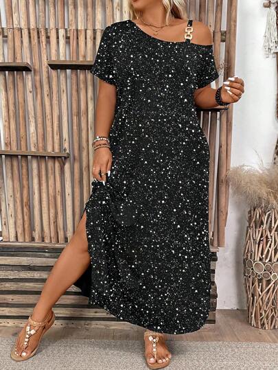 Breezaya Robe longue au cou asymétrique avec décoration en feuille d'or, grande taille