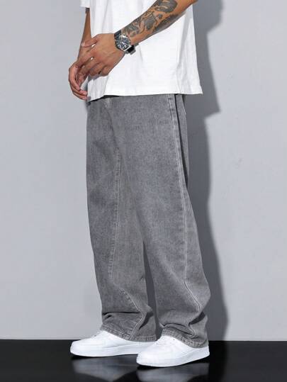 QuarKem Jeans droits à poches obliques lavés, coupe ample pour hommes