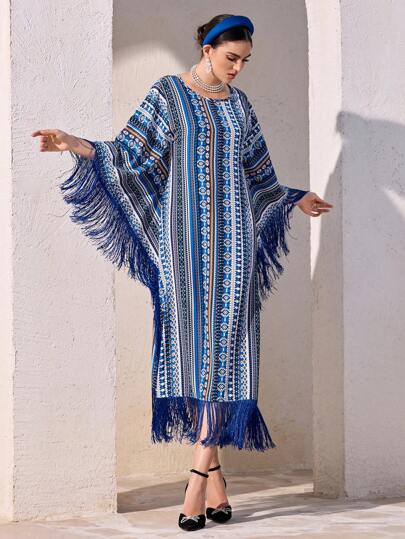 Al Najma Robe turque à manches chauve-souris avec frange, imprimé floral et patchwork pour femmes