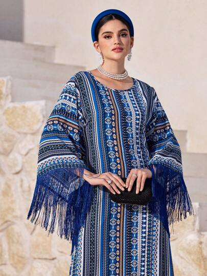Al Najma Robe turque à manches chauve-souris avec frange, imprimé floral et patchwork pour femmes