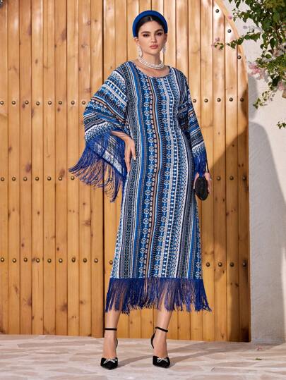 Al Najma Robe turque à manches chauve-souris avec frange, imprimé floral et patchwork pour femmes