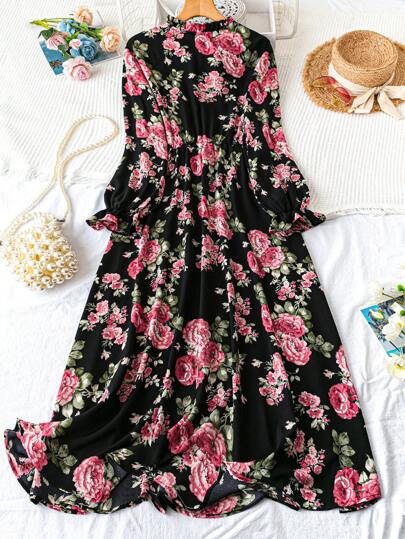 DreamSkyne Robe longue à manches longues avec imprimé floral pour femmes grande taille
