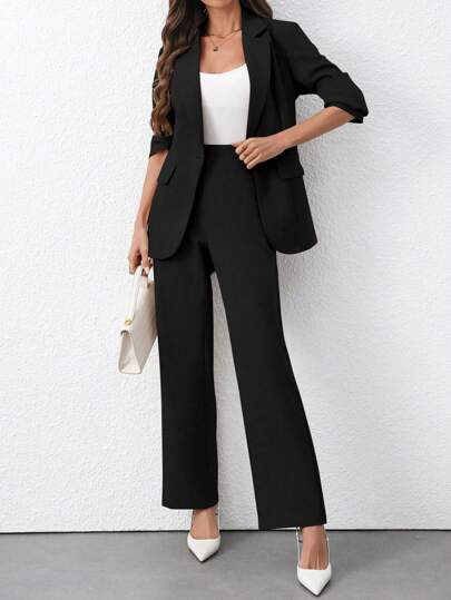 EMERY ROSE Femmes Ensemble 2 pièces blazer + pantalon couleur unie casual/bureau