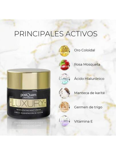 PostQuam Crème de nuit régénérante Luxury Gold - Nourrit et redensifie intensément - Anti-âge, antioxydante et régénératrice à l'acide hyaluronique, à l'or colloïdal, à l'églantier et à la vitamine E - Convient à tous types de peau - 50 ml - Livraison 24/