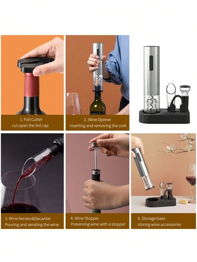 Ensemble d'ouvre-bouteille électrique rechargeable 6-en-1, comprenant un bouchon à vide, une carafe, un coupe-capsule, une base d'affichage et un câble de chargement USB, argenté