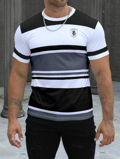 Manfinity Dauomo T-shirt à col rond et manches courtes rayé pour hommes