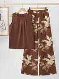 Clasi 2 pièces Top sans manches à col rond unicolore et pantalon imprimé floral ensemble tenue décontractée de vacances, ensembles de vêtements pour femmes
