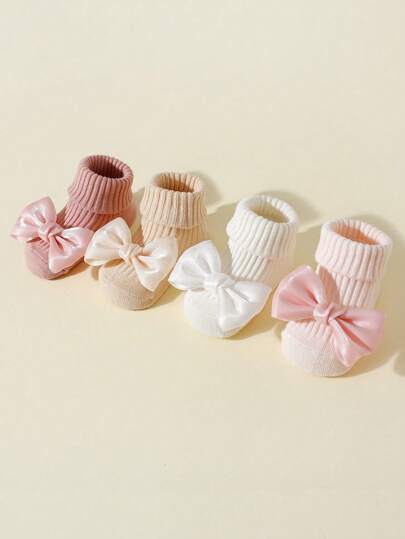 4 paires de chaussettes d'équipage en coton avec nœud pour bébé/tout-petit fille, antidérapantes, convenant à une utilisation en intérieur lors du rampement/apprentissage de la marche, pour toutes les saisons