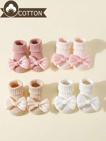 4 paires de chaussettes d'équipage en coton avec nœud pour bébé/tout-petit fille, antidérapantes, convenant à une utilisation en intérieur lors du rampement/apprentissage de la marche, pour toutes les saisons