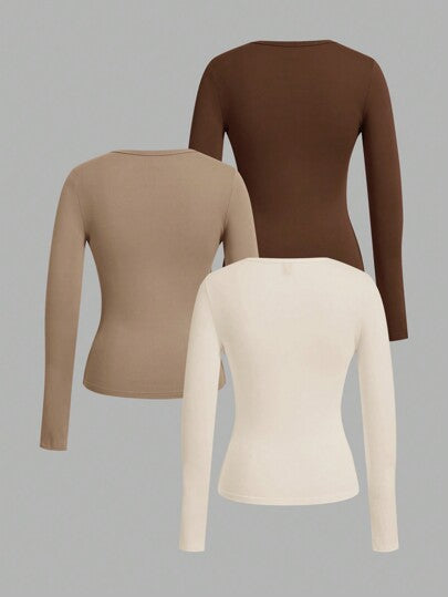 EZwear 3 pièces T-shirt manche longue à col V profond ajusté pour femmes, convient pour le printemps et l'automne