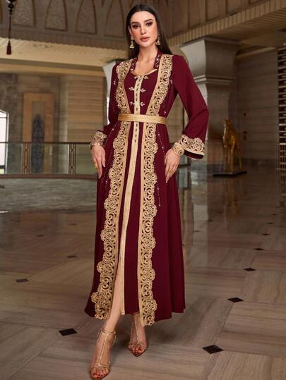 Layrah Robe caftan marocaine 2 en 1 à manches longues avec bloc de couleur bordeaux rouge et appliqué brodé
