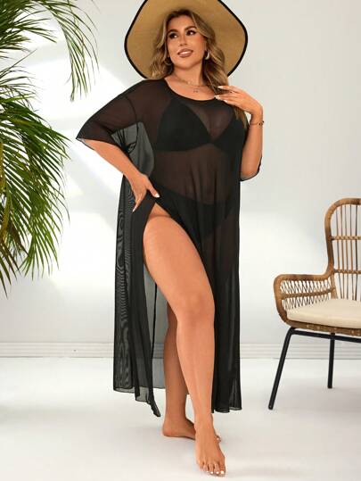 Swim Lushoire Robe de plage basic décontractée et à fente grande taille, pour les vacances d'été à la plage