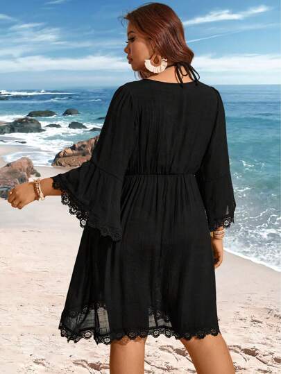 Swim Lushoire Robe cache-maillot à manches évasées avec empiècement en dentelle, col en V, couleur unie, grande taille, pour l'été, les vacances à la plage