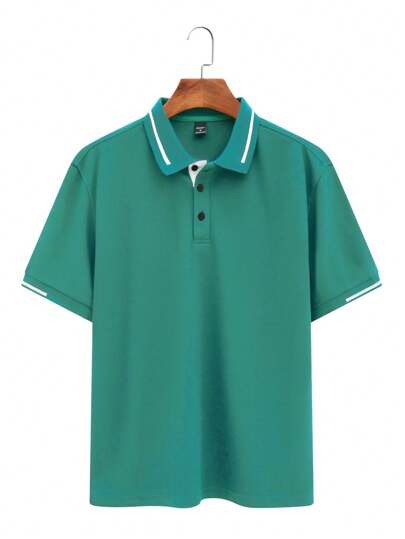 Manfinity Homme Chemise polo décontractée à manches courtes avec boutons devant et bordure contrastée pour hommes, formelle