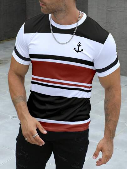 Manfinity Dauomo T-shirt rayé minimaliste à col rond et manches courtes pour homme, tenue décontractée pour tous les jours