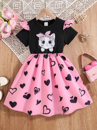 Robe de fille décontractée et mignonne à imprimé chat de dessin animé, col rond, taille cintrée, ourlet évasé. Style confortable et élégant, convient pour le printemps/été, usage décontracté ou extérieur