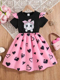 Robe de fille décontractée et mignonne à imprimé chat de dessin animé, col rond, taille cintrée, ourlet évasé. Style confortable et élégant, convient pour le printemps/été, usage décontracté ou extérieur