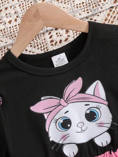 Robe de fille décontractée et mignonne à imprimé chat de dessin animé, col rond, taille cintrée, ourlet évasé. Style confortable et élégant, convient pour le printemps/été, usage décontracté ou extérieur