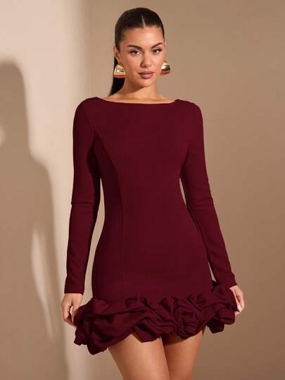 BAE Vêtements d'automne, d'hiver, d'été et de Noël. Robe de soirée douce et tulle rouge élégante à manches longues pour le Nouvel An